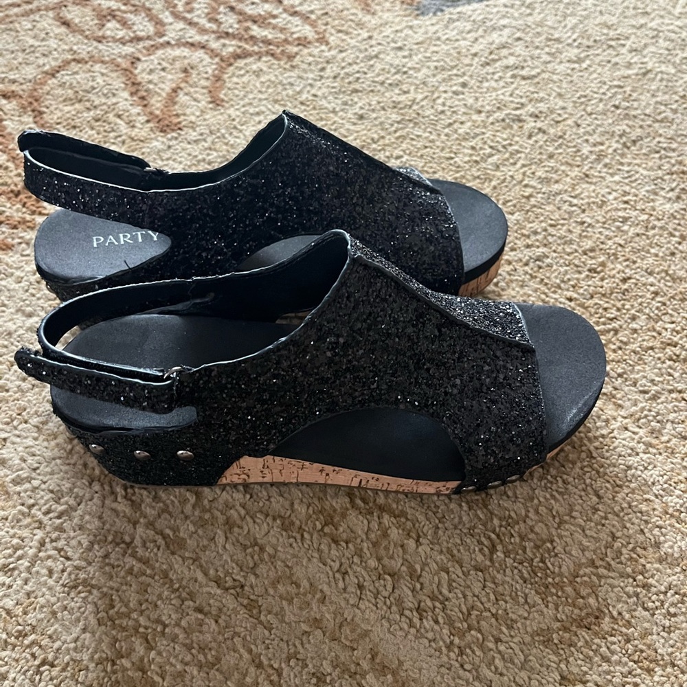 PARTY Black Glitter Slingback Cork-Trim Wedges